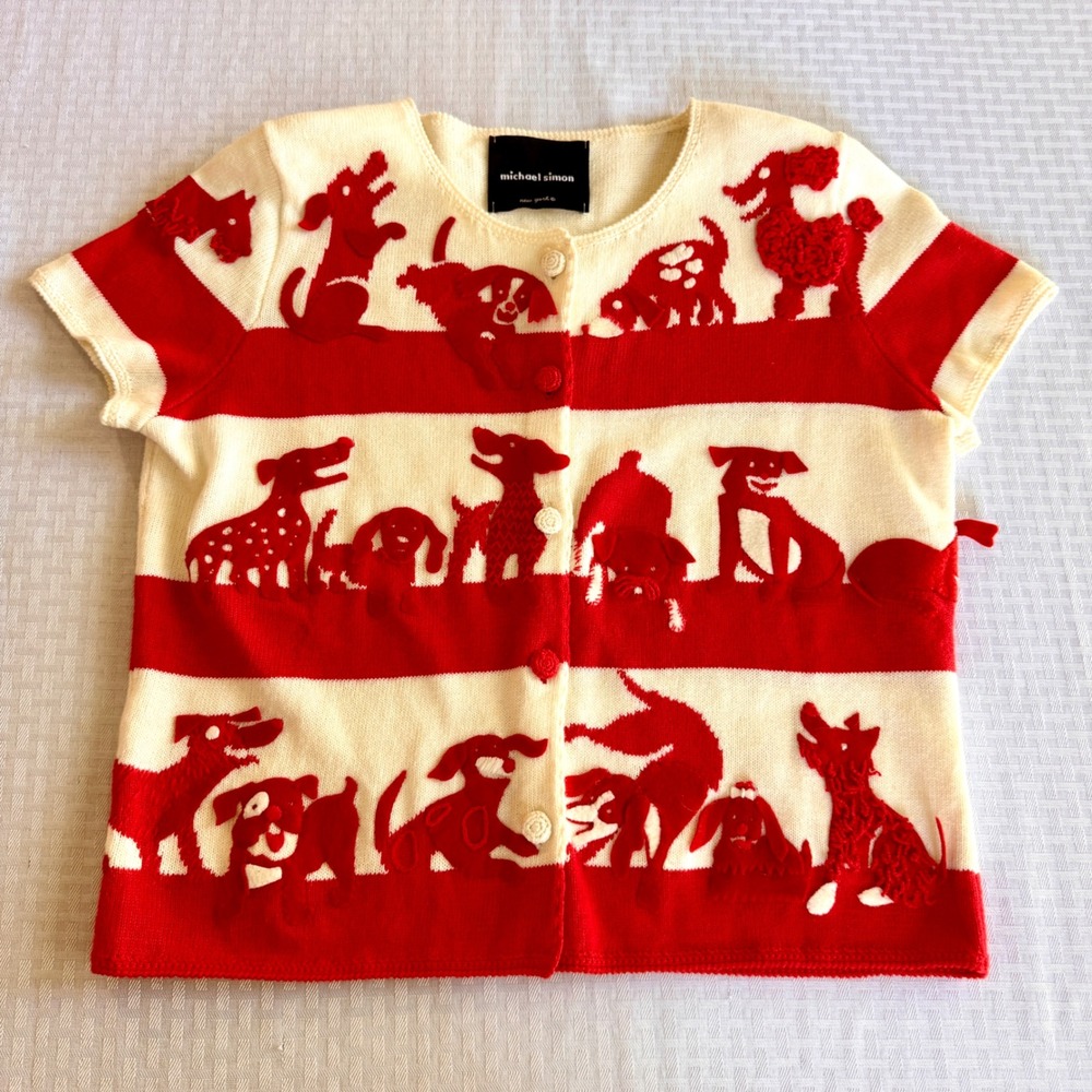 Michael Simon New York Rare Sample Dog Applique Art to Wear Cardigan Red White